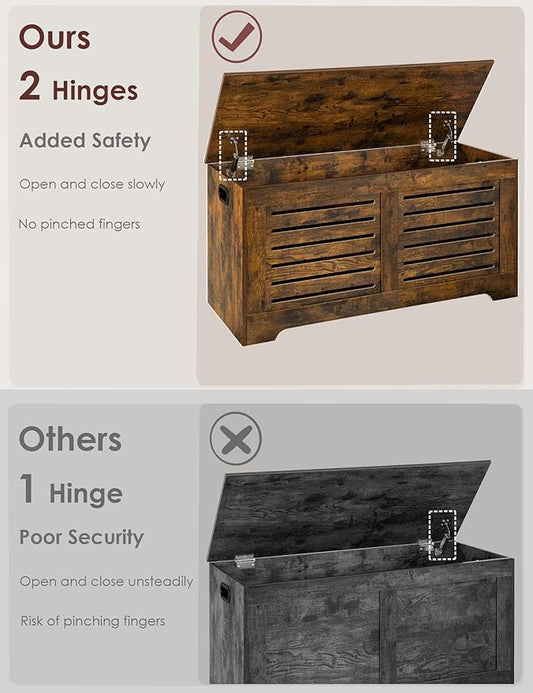 DINZI LVJ Storage Chest, 39.4”Wooden Toy Box with 2 Safety Hinges, Retro Entryway Shoe Storage Bench with Flip-Top, Sturdy Large Storage Trunk for Living Room, Bedroom, Easy Assembly, Rustic Brown