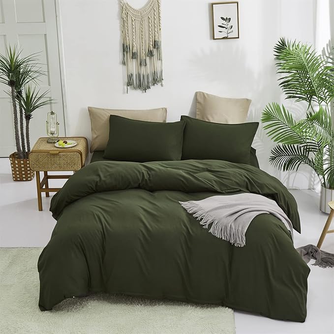 Cottonight Army Green 3 Pcs Comforter Set, Twin Bed Bedding Set with Microfiber Fill, Olive Green Quilt, Fashion Solid Color, Unisex, Minimalist, Summer Fall Winter All Seasons, Machine Wash