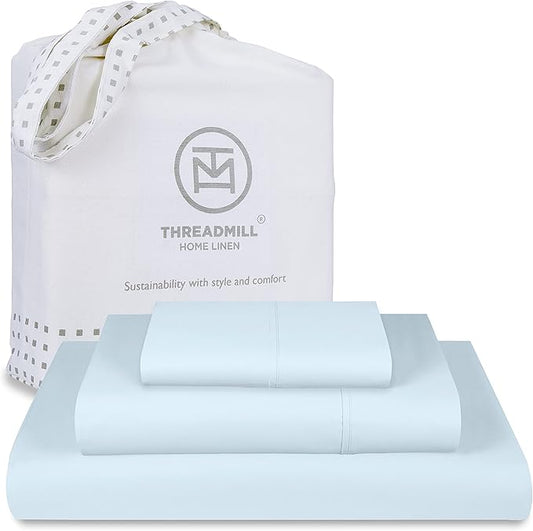Threadmill Luxury 800 Thread Count 100% Cotton Sheets - Light Blue Sateen Weave Twin Size Bed-Sheets, Better Than Egyptian Cotton,3 Pc Solid Soft Bedding Set, Fits 15" Deep Pocket