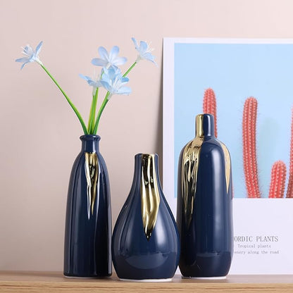 Ceramic Decorative Vases Set of 3, Blue and Gold Vases for Home Decor, centerpieces on Modern Farmhouse Living Room Table Shelves, Office Bookshelf Decorations and Ornaments.