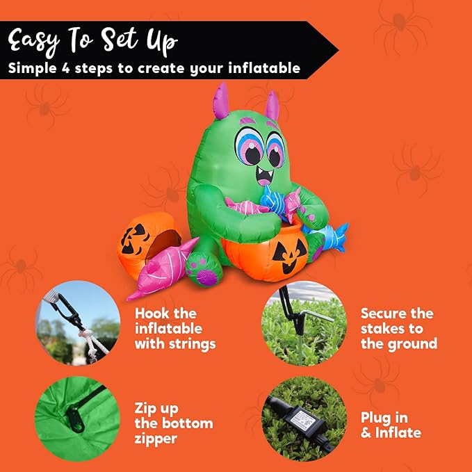 Joiedomi 5 Ft Long Cute Halloween Inflatables Monster with Candies Outdoor Decorations, Blow Up Monster with Build-in LEDs Halloween Inflatables for Indoor, Outdoor, Yard, Garden, Lawn Decorations