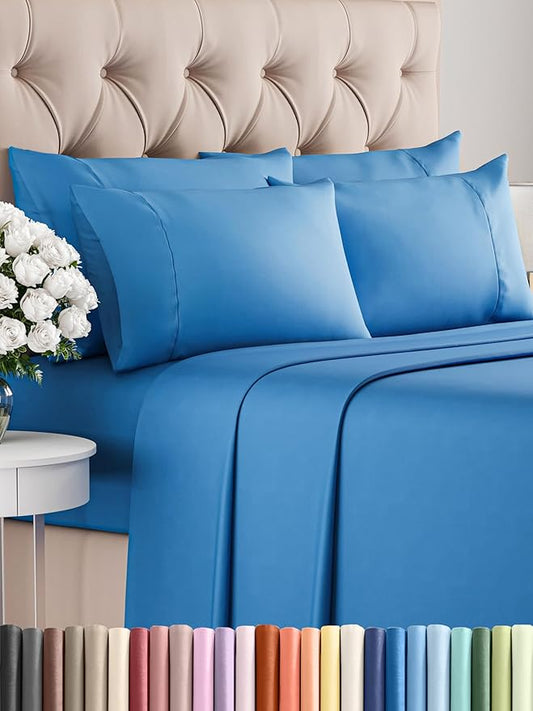 CGK Linens Full 6 Piece Sheet Set - Cooling Sheets for Hot Sleepers - Hotel Luxury Bedding Set w/ 8-16 Inch Deep Pockets - 1 Flat & 1 Fitted & 4 Pillowcases - Soft, Comfy & Wrinkle Free - Royal Blue