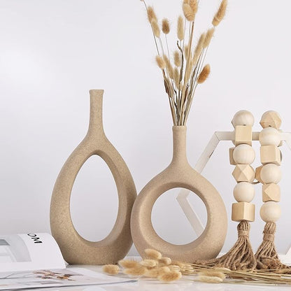 Tan Ceramic Vase Set 2,Modern Hollow Circle with Hole Flower Vase for Home Decor,for Table Centerpieces,Farmhouse,Fire Place,Living Room,Bedroom,Office,Bookshelf,Rustic Decor