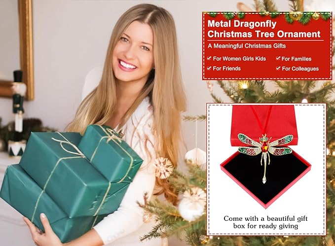 WhatSign 2025 Dragonfly Christmas Ornaments - Metal Hangning Ornaments for Christmas Tree Decorations Gifts for Kids Women Girls