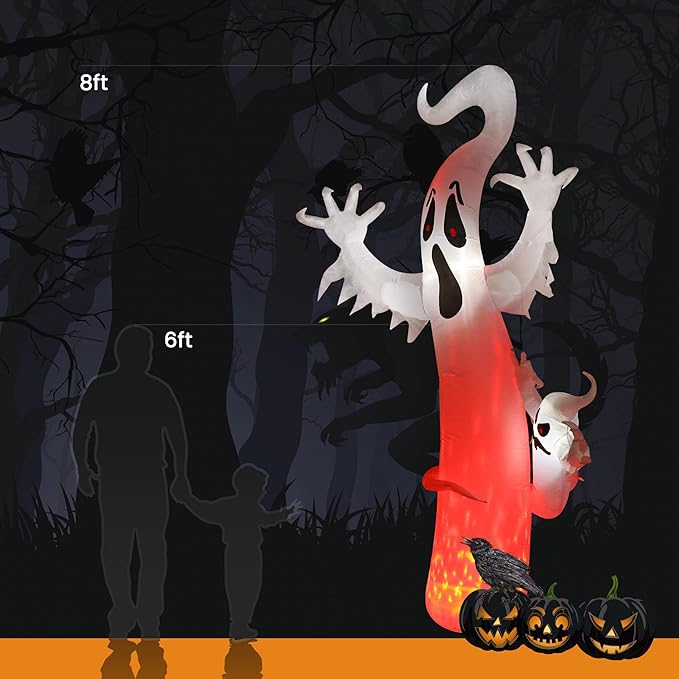 Toodour 8 FT Halloween Inflatables Outdoor Decorations Ghost - Blow Up Yard Decorations for Halloween Party, Built-in Red LED Disco Lights, Inflatable Ghost Decor for Outdoor Garden Yard Holiday