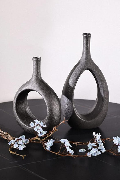 Black Ceramic Vase Set 2,Modern Hollow Circle with Hole Flower Vase for Home Decor,for Table Centerpieces,Farmhouse,Fire Place,Living Room,Bedroom,Office,Bookshelf,Rustic Decor