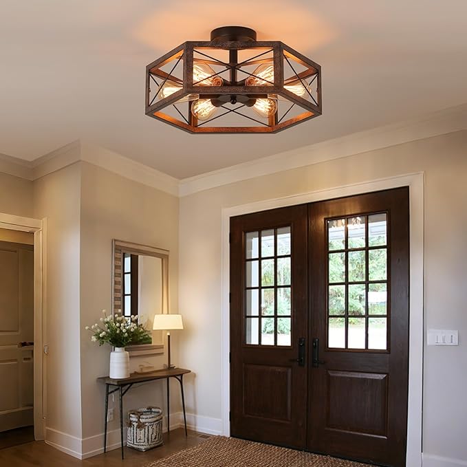 6-Light Large Rustic Farmhouse Metal Flush Mount Ceiling Light Fixture 18 inch Antique Oak Hexagon Cage Semi Flush Mount Ceiling Light for Hallway Entry Dining Farmhouse Bedroom Living Room, Black