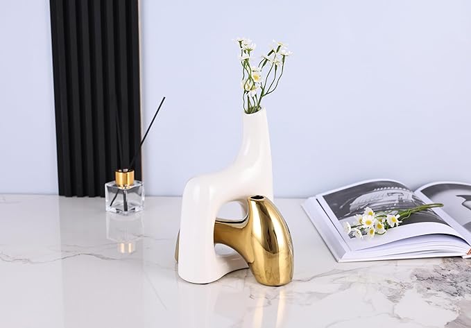 intertwining vase Set Snuggle Hollow Ceramic vase Set of 2 White and Gold vase Modern Boho Home Decor for Neutral Minimalist Vase for Dining Room Table Centerpiece Dining Room,Wedding Table Deco