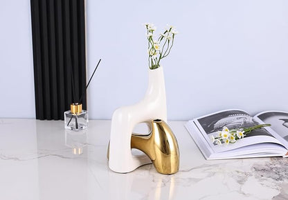 intertwining vase Set Snuggle Hollow Ceramic vase Set of 2 White and Gold vase Modern Boho Home Decor for Neutral Minimalist Vase for Dining Room Table Centerpiece Dining Room,Wedding Table Deco