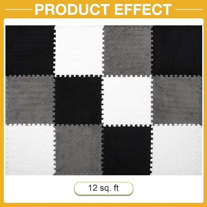 12 Pcs Plush Interlocking Carpet Tiles，Non-Toxic Foam Carpet Tiles for Toddler Baby，Machine-Washable，Anti-Slip，EVA Foam Interlocking Tiles for Floor, Nursery, Playroom，Grey White Black