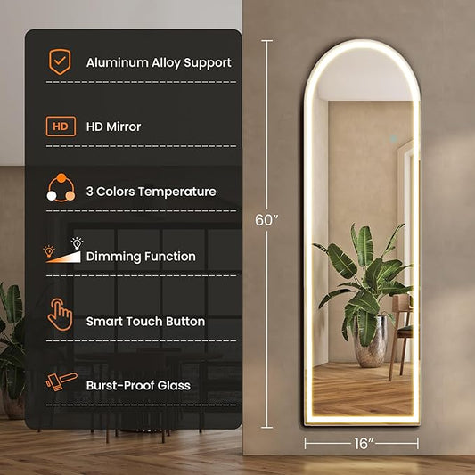 Sweetcrispy Arched Full Length Mirror with LED Lights, 60"x16" Lighted Floor Mirror with Stand, Dimming & 3 Color Lighting, Stand for Bedroom, Dressing Room