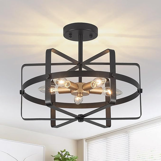 5-Light Farmhouse Semi Flush Mount Ceiling Light, 12.6'' Modern Black and Gold Ceiling Light Fixture Industrial Lighting Fixture for Entryway Hallway Foyer Dining Room Kitchen Bedroom