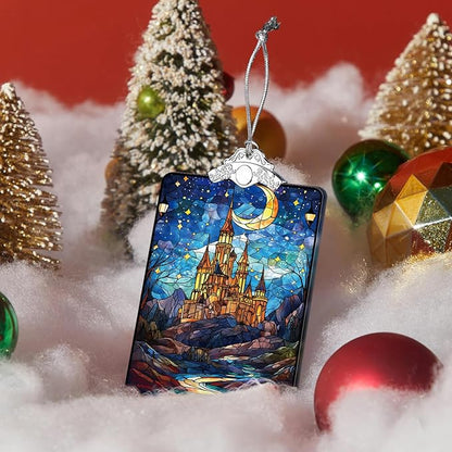 Castle Stained Glass Ornament, 2025 Christmas Tree Hanging Decoration for Gift Exchange or Stocking Stuffer, Fantasy Holiday Decor, 3.8 x 2.4 Inch