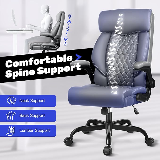 High Back Executive Ergonomic Computer Desk Chair with Rocking Function, Leather Managerial Office Chair with Adjustable Flip-Up Armrests and Lumbar Support