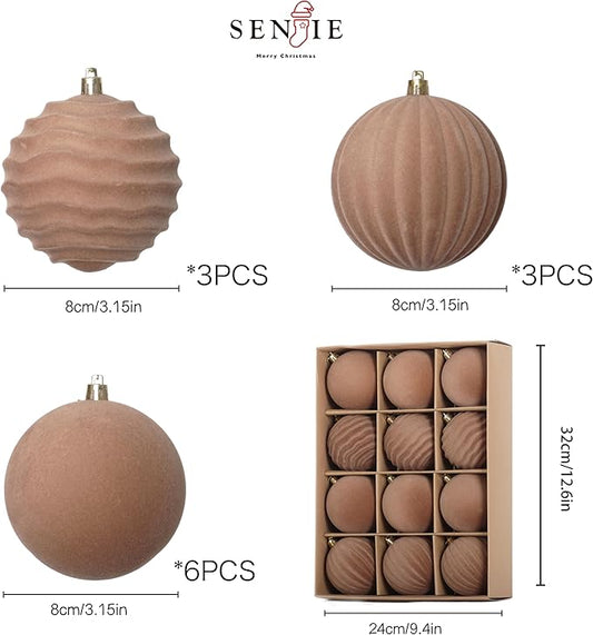 Senjie Velvet Christmas Balls Flocked Christmas Tree 3.15inch Ornaments 12PCS Plastic Balls Xmas Hanging Ornaments Decoration Light Coffee
