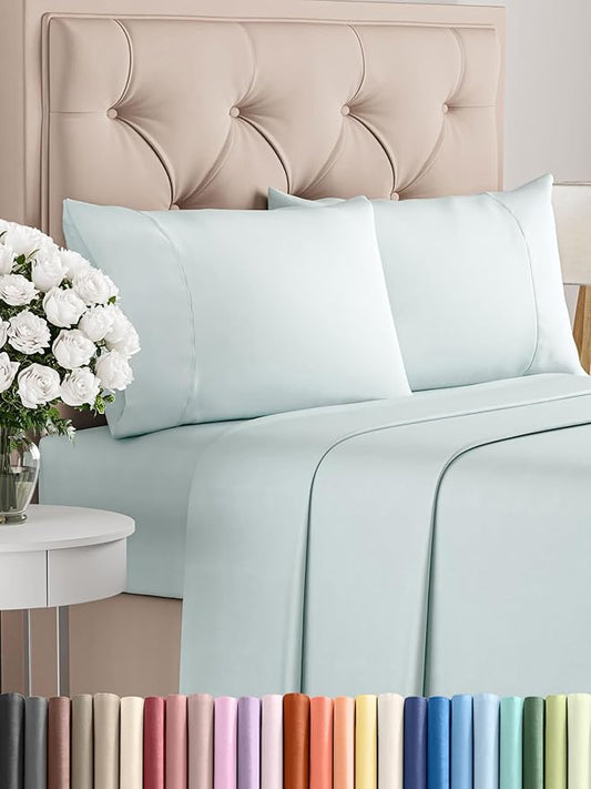 CGK Linens Twin 4 Piece Sheet Set - Cooling Sheets for Hot Sleepers - Hotel Luxury Bedding Set with 8-16 Inch Deep Pockets - 1 Flat & 1 Fitted & 2 Pillowcases - Soft, Comfy & Wrinkle Free - Ice Blue