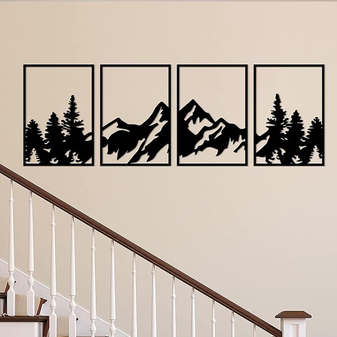 ESTART 4 Pcs Metal Mountain Wall Art, Large Mountains Wall Decor, Mountain Rivers Decorative Painting Suitable For Living Room Bedroom Office Indoor And Outdoor (Mountain Forest)