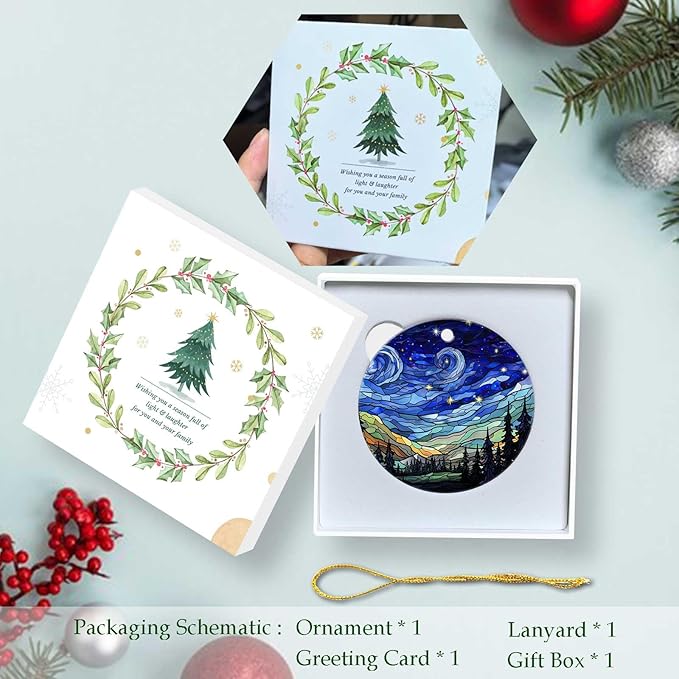 Starry Night Ornament Round Ceramic Ornament Xmas Keepsake for Christmas Tree Winter Holiday Xmas Gift for Women Men Xmas Hanging Ornament 3" #1