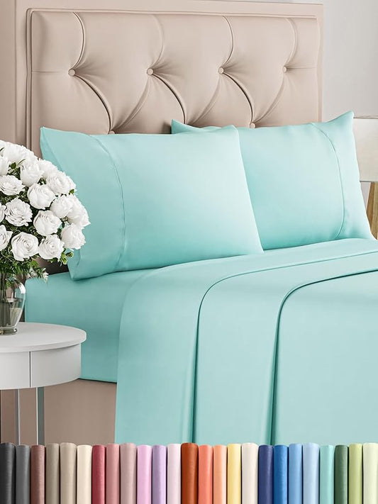 CGK Linens Twin XL 4 Piece Sheet Set - Cooling Sheets for Hot Sleepers - Hotel Luxury Bedding Set w/ 8-16 Inch Deep Pockets - 1 Flat & 1 Fitted & 2 Pillowcases - Soft, Comfy & Wrinkle Free - Spa Blue