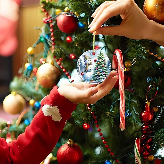 Snowman Ornaments Snow Pine Round Ceramic Ornament Christmas Keepsake Decor for Christmas Tree Winter Holiday Xmas Gift for Women Men Hanging Ornament 3"