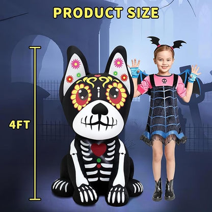 4FT Halloween Inflatables Dia de Los Muertos Dog Outdoor Decorations Blow Up Yard Colorful Skull Dog with Built-in LEDs for Indoor Party Garden Lawn Decor