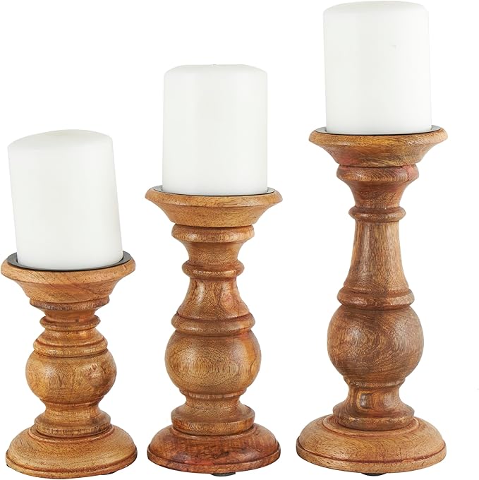 Deco 79 Mango Wood Decorative Candle Holder Turned Style Pillar Candle Stand, Set of 3 Candlestick Holder 10",8",6"H, Brown