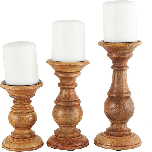 Deco 79 Mango Wood Decorative Candle Holder Turned Style Pillar Candle Stand, Set of 3 Candlestick Holder 10",8",6"H, Brown