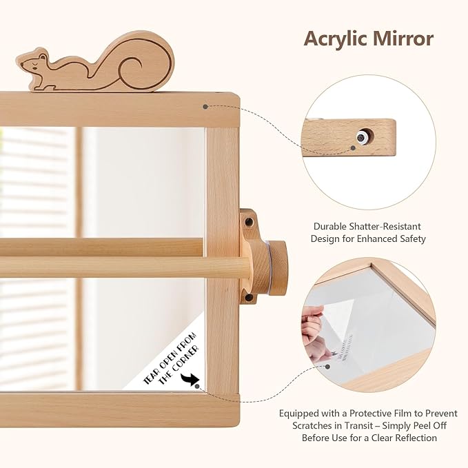 HI BABY MONMENT Montessori Mirror with Bar, Detachable Wooden Frame, Non-Shatter Safety, Wall Mount, Baby Mirror