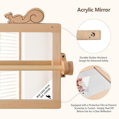 HI BABY MONMENT Montessori Mirror with Bar, Detachable Wooden Frame, Non-Shatter Safety, Wall Mount, Baby Mirror