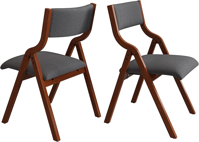 Folding Dining Chairs Set of 2, Upholstered Kitchen Chair with Padded Seat & Backrest, Modern Side-Chair with Wood Legs,No Assembly Needed,Dark Grey+Cherry