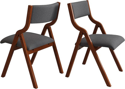 Folding Dining Chairs Set of 2, Upholstered Kitchen Chair with Padded Seat & Backrest, Modern Side-Chair with Wood Legs,No Assembly Needed,Dark Grey+Cherry