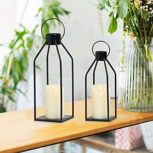 HPC Decor Modern Farmhouse Lanterrn Decor- Black Metal Candle for Christmas- Lanterns w/Timer Flickering Candles for Living Room,Home,Indoor, Outdoor,Table,Fireplace Mantle Décor