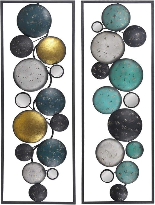 Adeco 35.2" Modern Wall Sculpture, Abstract Floating Patterned Shapes Rectangle Frame Metal Wall Decoration, Set of 2