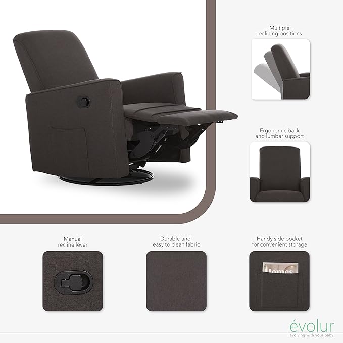 Evolur Raleigh Upholstered Plush Seating Glider Swivel, Rocker, Recliner, Glider for Nursery in Charcoal, Greenguard Gold Certified, Modern Nursery Recliner, Environmentally Conscious Glider