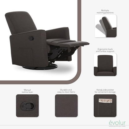 Evolur Raleigh Upholstered Plush Seating Glider Swivel, Rocker, Recliner, Glider for Nursery in Charcoal, Greenguard Gold Certified, Modern Nursery Recliner, Environmentally Conscious Glider