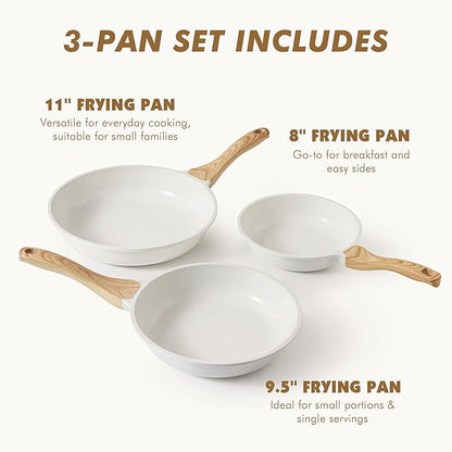 SENSARTE Nonstick Frying Pan Skillets, White Ceramic Coating Omelette Pans, Healthy Cookware Chef's Pan, PTFE & PFAS Free (8+9.5+11 Inch)