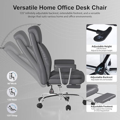 Big and Tall Office Chair, Ergonomic Leather High Back Executive Computer Desk Chair with Retractable Footrest and Padded Arms, 360°Swivel Free, 90-135°Reclining, 500lbs Wide Seat, Gray