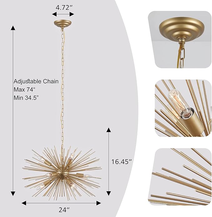 24" Modern Golden Sputnik Chandelier Vintage 9-Lights Geometric Starburst Chandelier Light Fixture Gold Solid Metal Sputnik Chandeliers for Dining Room, Kitchen, Bedroom, Living Room, E12