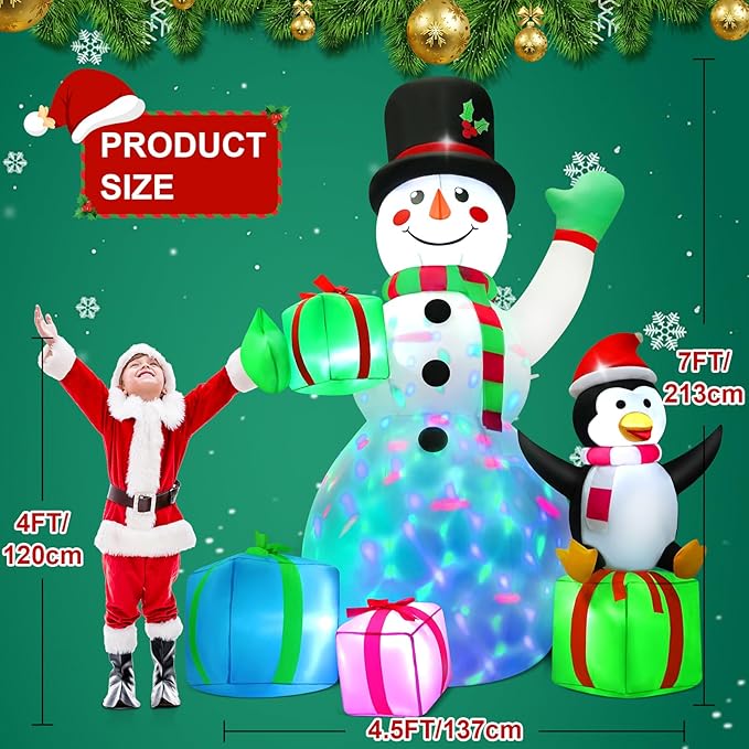 7 FT Christmas Inflatable Snowman Outdoor Decoration with Build-in Multicolor LEDs, Snowman with 4 Gifts Blow Up Inflatables Christmas for Yard Garden Lawn Xmas Holiday Decor