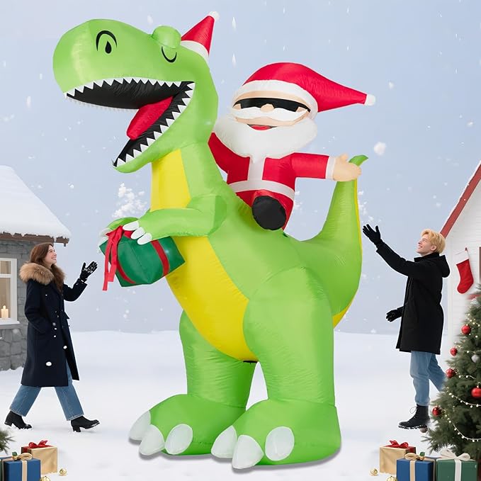 ININ 8FT Christmas Inflatables Santa Claus Riding Dinosaur Decorations Outdoor,Christmas Blow Up Santa Claus Yard Decorations Built-in LED Lights,Holiday Party Decor,for Yard/Lawn/Garden.