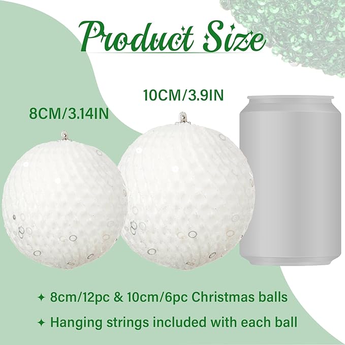 3.15" Christmas Ball Ornaments Glitter Shatterproof Christmas Tree Ornaments Sequin Xmas Hanging Balls Decorations for Wedding Party Holiday(White, 12pc-8cm)