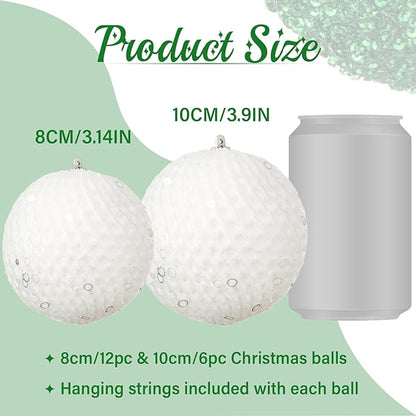 3.15" Christmas Ball Ornaments Glitter Shatterproof Christmas Tree Ornaments Sequin Xmas Hanging Balls Decorations for Wedding Party Holiday(White, 12pc-8cm)