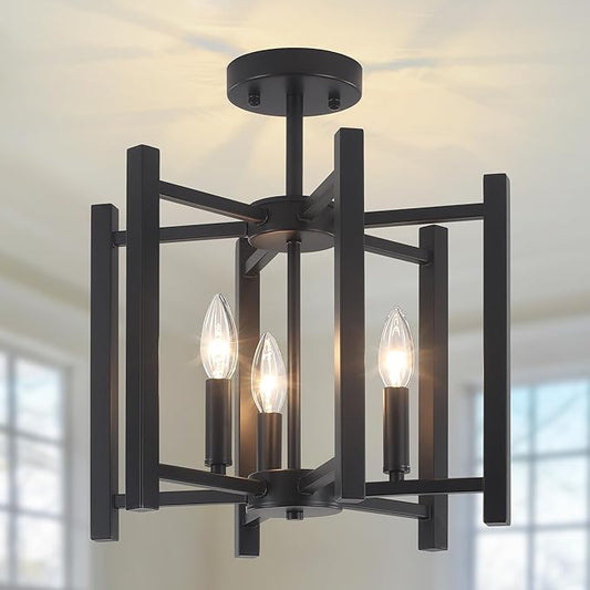 14.6'' Black Farmhouse Semi Flush Mount Ceiling Light Fixture, 3-Light Modern Ceiling Light Fixtures Industrial Flush Mount Ceiling Lighting Fixture for Dining Room Kitchen Hallway Bedroom