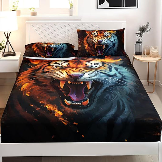 AILONEN Tiger Fitted Sheet Set Twin XL Size for Boys, Safari Tiger Bed Sheet Set for Kids Teen,3 Pieces Wildlife Bedding Flame Animal Tiger Print Fitted Sheet with 2 Pillowcases
