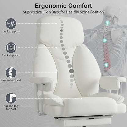 Big and Tall Office Chair, Ergonomic Leather High Back Executive Computer Desk Chair with Retractable Footrest and Padded Arms, 360°Swivel Free, 90-135°Reclining, 500lbs Wide Seat, White
