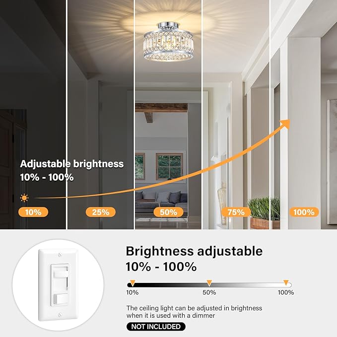 Crystal Ceiling Light Fixture, Modern Semi Flush Mount Ceiling Light, Chrome Lighting Fixtures Ceiling Lamp for Hallway, Kitchen, Entryway, Bedroom, Laundry Room, 1-Light, 11.4 Inch