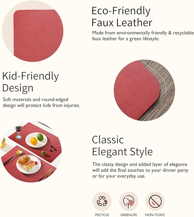 Maxpearl Faux Leather Placemats Set of 6 - Waterproof - Wipe Clean - Heat Resistant - Anti Slip Dining Table Place Mats, Suitable for Indoor & Outdoor Use, 17’’x12’’, Red