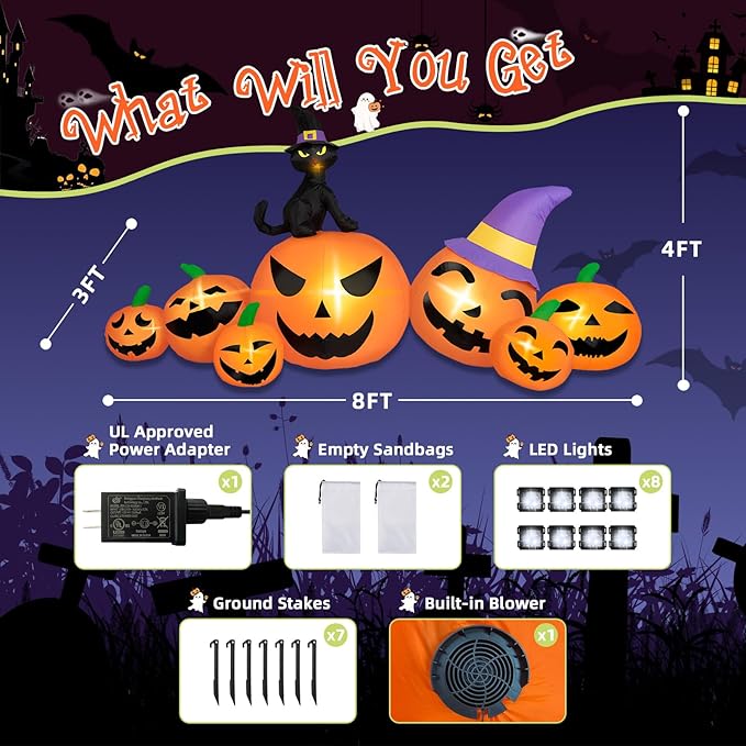 8FT Long Halloween Inflatables Pumpkin Outdoor Decorations, 7 Blow Up Pumpkins Inflatables with Witch Hat & Black Cat Built-in LED Lights for Halloween Party Yard Garden Lawn Decorations