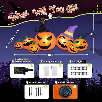 8FT Long Halloween Inflatables Pumpkin Outdoor Decorations, 7 Blow Up Pumpkins Inflatables with Witch Hat & Black Cat Built-in LED Lights for Halloween Party Yard Garden Lawn Decorations