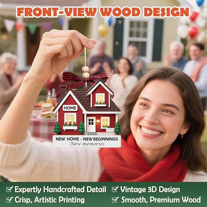 New Home Ornament - Red Wooden Housewarming Gift for Homeowners, Couples & Friends - New Home New Beginning First Christmas House Ornament